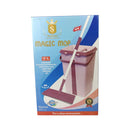 Box of a magic mop with a purple bucket and white handle on a blue and red background.