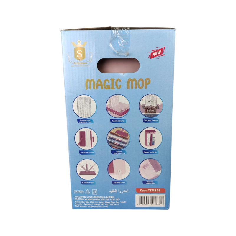Box of a magic mop with images and text on a white background