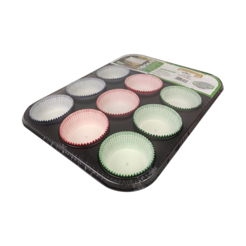 Muffin tray with colorful cupcake liners on a white background available at cupindy.com