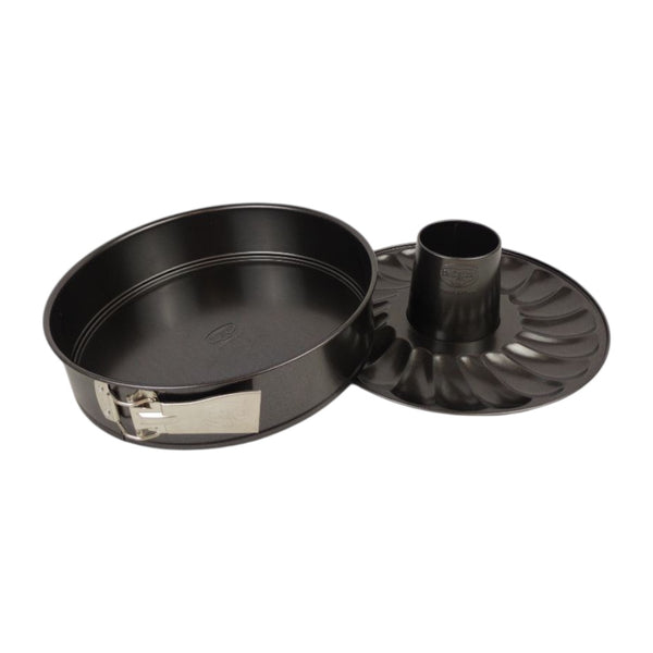 Set of black metal cake pans on a white background available at cupindy.com