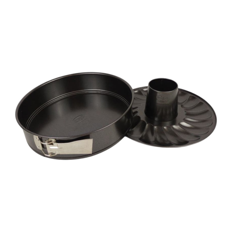 Set of black metal cake pans on a white background available at cupindy.com