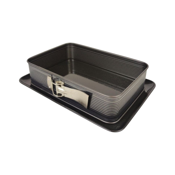 Set of black baking trays with a silver buckle on a white background available at cupindy.com