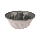 Bundt cake pan with a white base and silver top on a white background available at cupindy.com