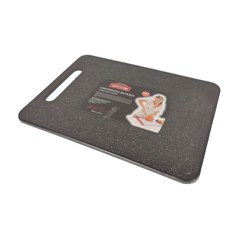 Gray speckled cutting board with brand label on a white background available at cupindy.com