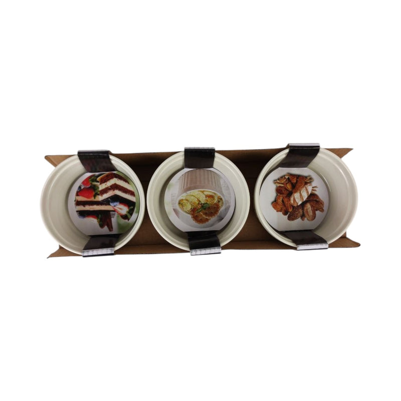 Three ceramic plates with food illustrations on a wooden stand against a white background available at cupindy.com