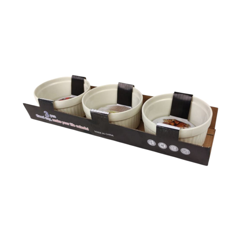 Set of three ceramic pots with black bands in a cardboard holder on a white background available at cupindy.com