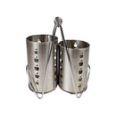 Two stainless steel cups with a holder on a white background