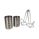 Two metal cups with holes and a wire stand on a white background available at cupindy.com