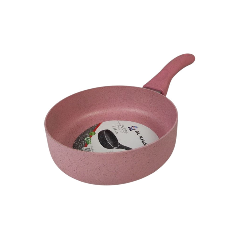 Pink frying pan with a brand label on a white background
