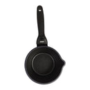 Black frying pan with a handle on a white background