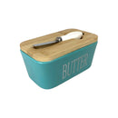 Teal butter container with wooden lid and knife on a white background