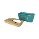 Teal butter dish with wooden cover and knife on a white background