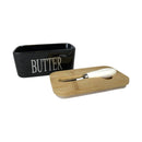 Butter dish with a wooden cover and white handle on a white background