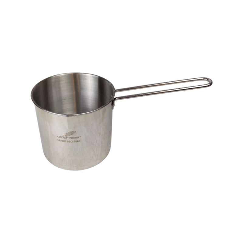 Stainless steel measuring cup on a white background