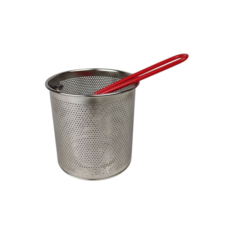Metal mesh strainer with a red handle on a white background