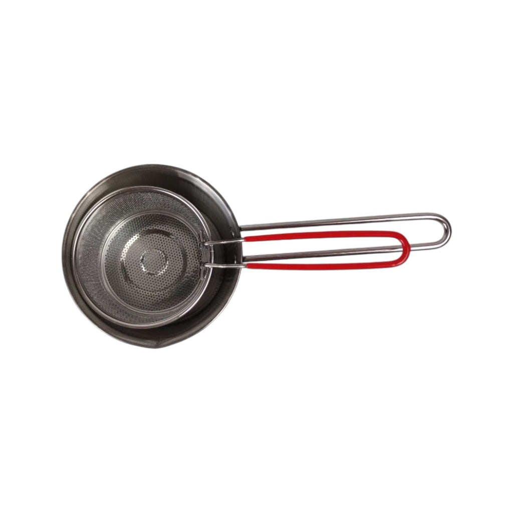 Metal strainer with a red handle on a white background
