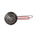 Metal strainer with a red handle on a white background