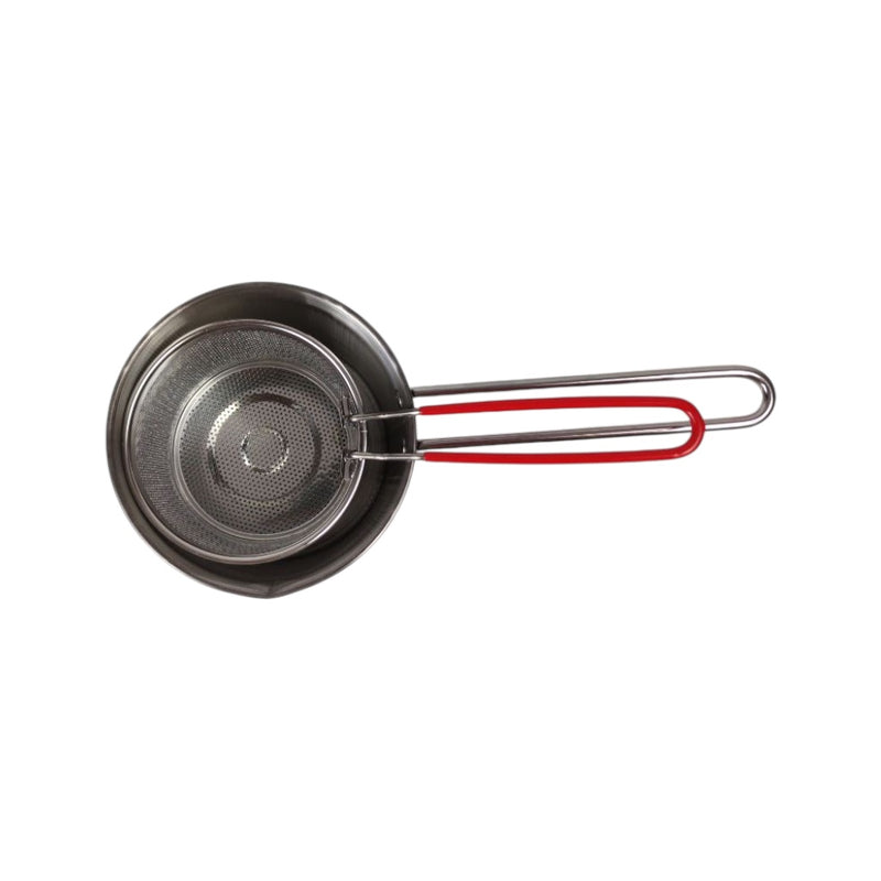 Metal strainer with a red handle on a white background