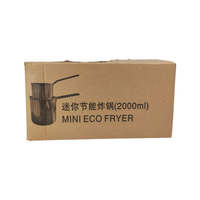 Cardboard box with a mini eco fryer illustration and text on a white background