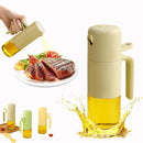 Beige oil dispenser being used to drizzle oil over a plate of food with a white background.