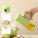 Green oil sprayer being used over a salad with close-up insets of oil being poured.