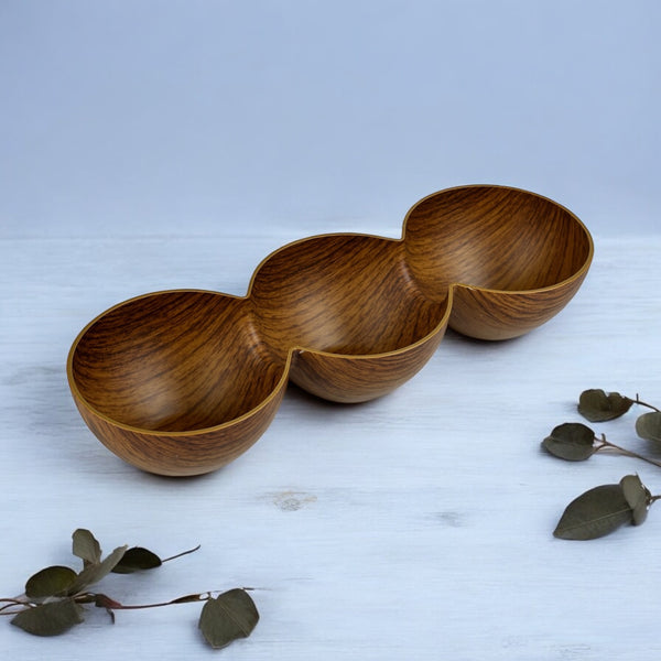 Evelin Plastic Wooden-Style Triple Bowl - Durable Multi-Use Serving Dish - Made In Turkey