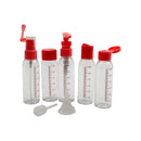 Six refillable plastic travel bottles with red caps, measuring scale, pump tops, and refill tools for liquids and toiletries