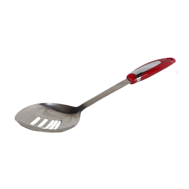 Master Chef Stainless Steel Slotted Serving Spoon with Red Handle - Ideal for Draining