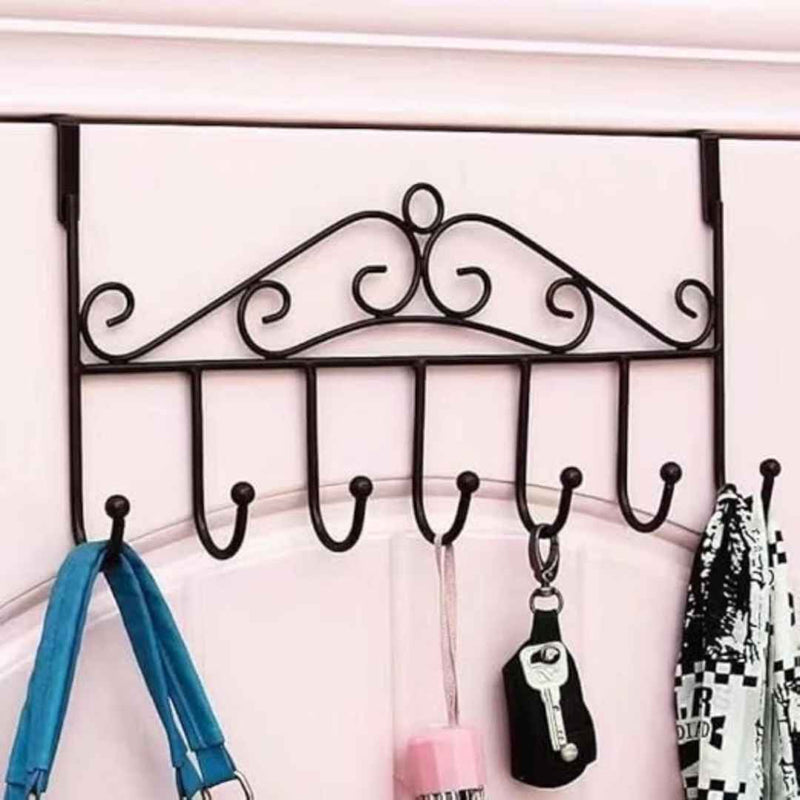 شماعة معدنية للأبواب مع 7 خطافات للمعاطف والإكسسوارات - تصميم أنيق - أسود