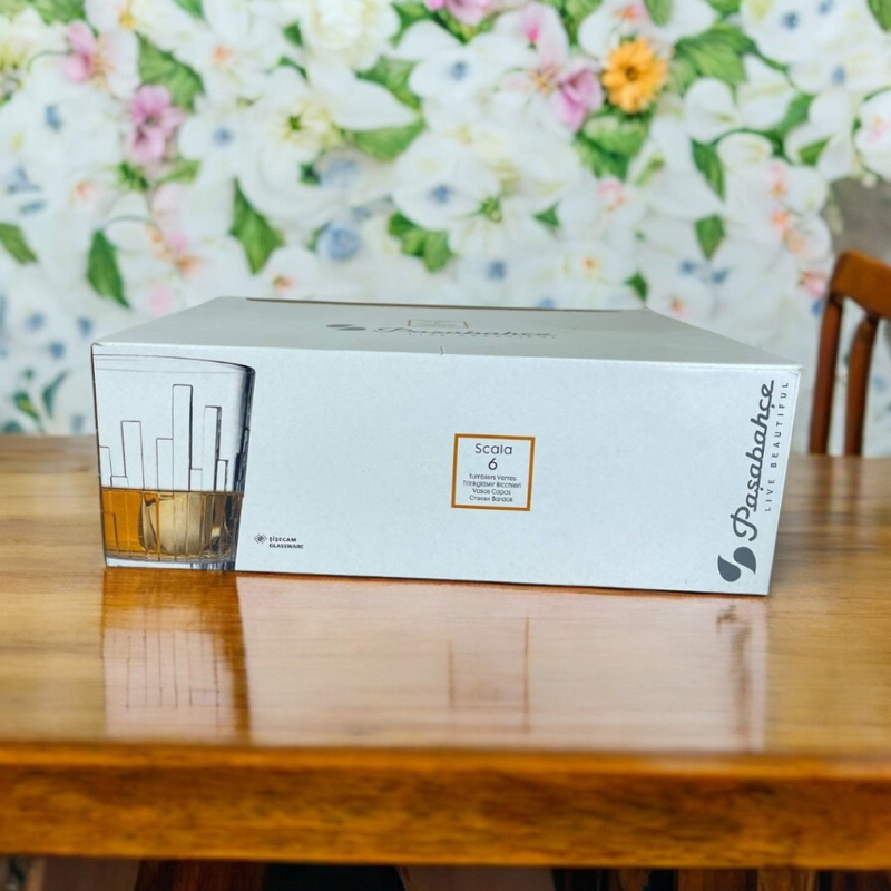 Pasabahce Scala 300ml Glass Tumbler Set Packaging – 6-Piece Box With Drink Illustration On Wooden Table