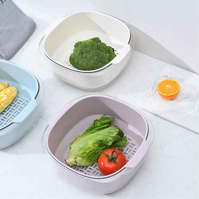 Plastic Double Layer Square Colander with Transparent Bowl for Washing and Draining Vegetables