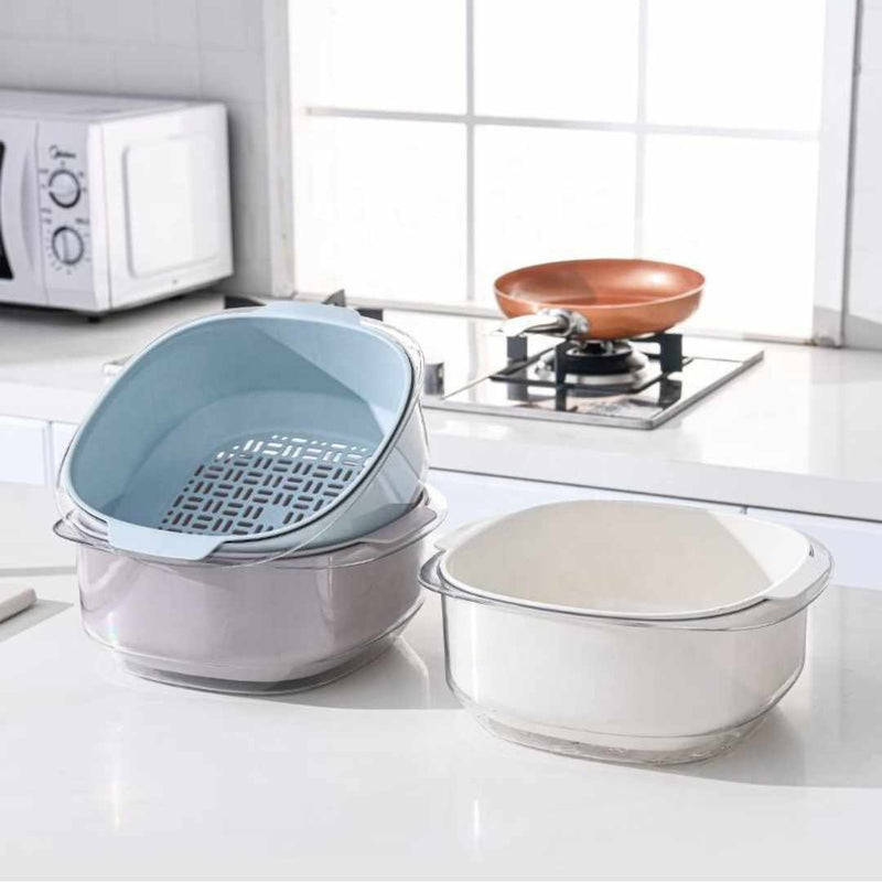 Plastic Double Layer Square Colander with Transparent Bowl for Washing and Draining Vegetables