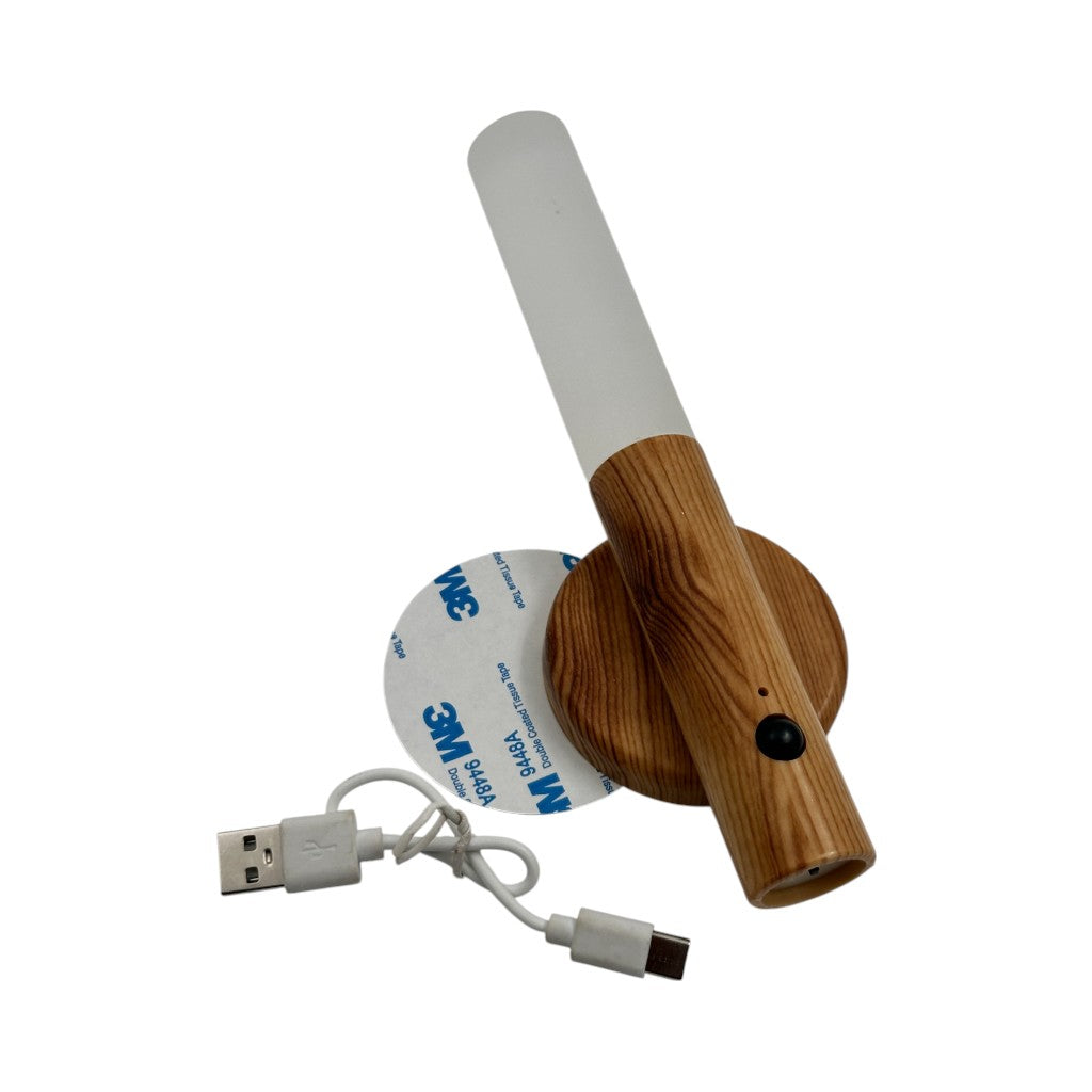 Rechargeable LED night light with wood texture, motion sensor, USB charging cable, and 3M adhesive magnetic base mount