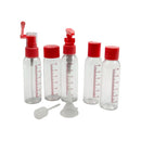 Transparent travel toiletry bottles set with red caps, 60ml measuring scale, funnel, dropper, and pump tops for easy use