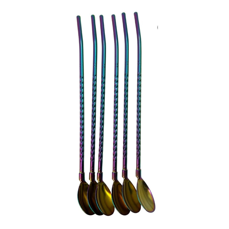 Colorful Stainless Steel Straw Spoon Set – 6-Piece Reusable Cocktail & Beverage Stirring Straws