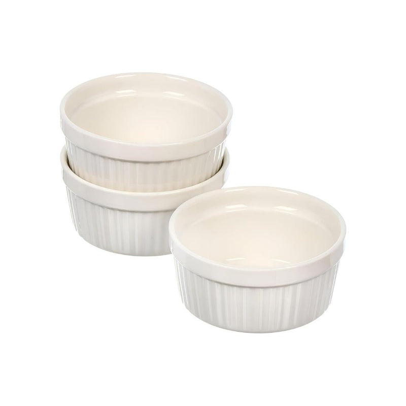 Set of three white ceramic ramekins on a white background available at cupindy.com