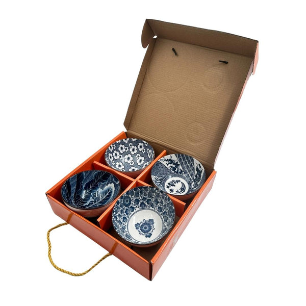 Elegant Ceramic Bowl Set of 4 – Blue and White Patterns for Serving and Dining
