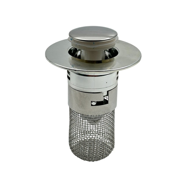 Metallic drain cover with mesh filter on a white background