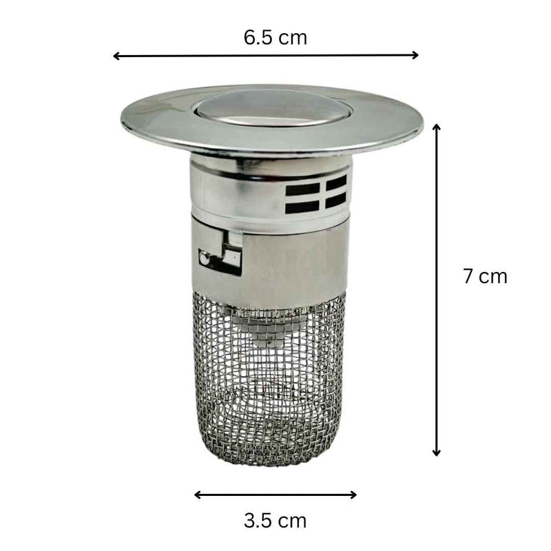 Stainless steel mesh drain cover with dimensions labeled on a white background