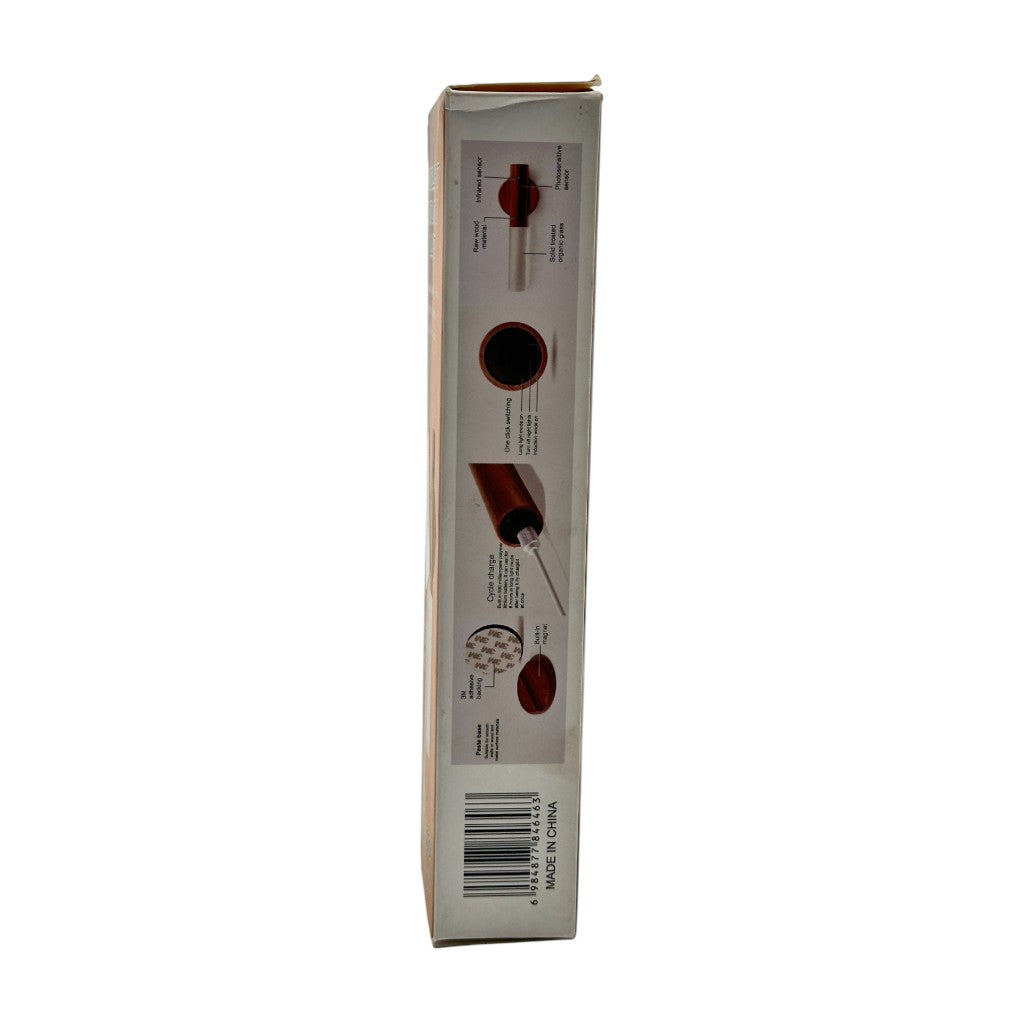 Side view of smart LED night light box showing product structure, USB charging port, motion sensor, and magnetic base mount