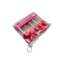 Set of 6 travel-sized refillable plastic bottles with pink leak-proof caps and pouch, ideal for toiletries and liquids