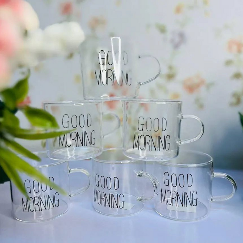 Good Morning Text Glass Coffee Small Mugs, 125 ML - 1 Piece