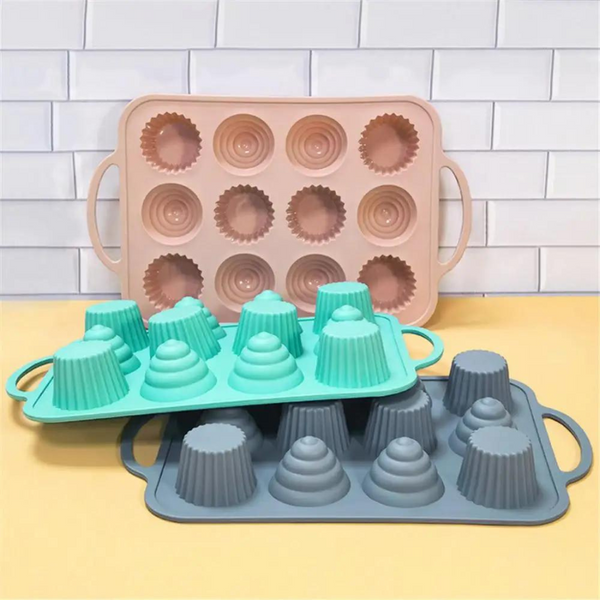 12-Cup Delight: Non-Stick Silicone Round Mini Cake Mold for Perfect Puddings, Muffins, and Biscuits