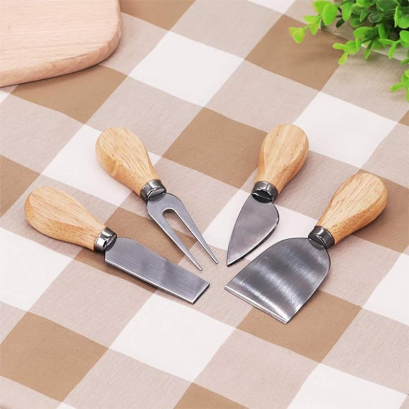 4PCS Cheese Knives Set Bamboo Wood Handle Stainless Steel Blades Cheese Knife