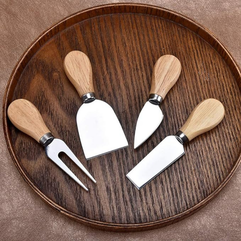 4PCS Cheese Knives Set Bamboo Wood Handle Stainless Steel Blades Cheese Knife