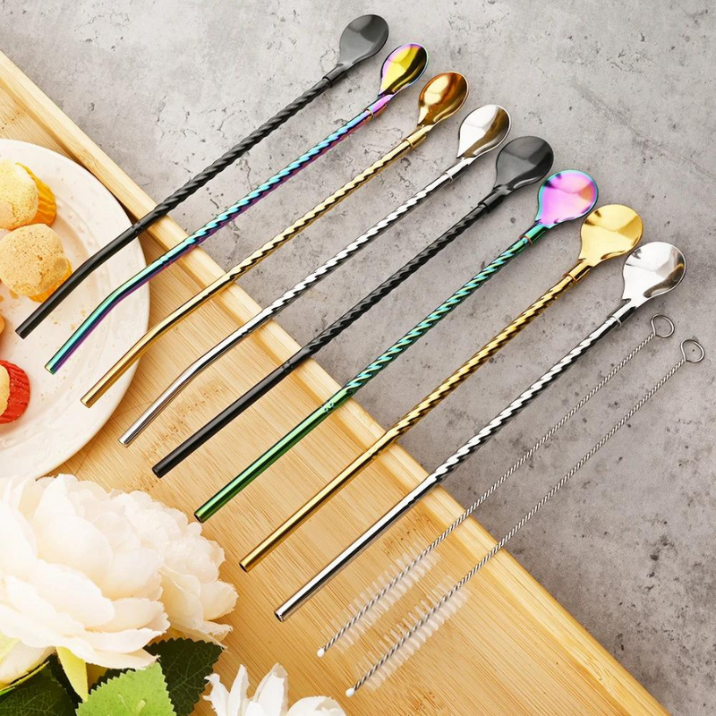 Colorful Straw Spoon Stainless Steel Cocktail