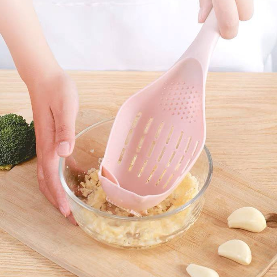 Scoop Noodles, Drain, Press Mashed Scoop Grind Garlic And Potatoes