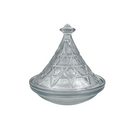 A clear glass gravy boat with a geometric pattern and a conical lid.