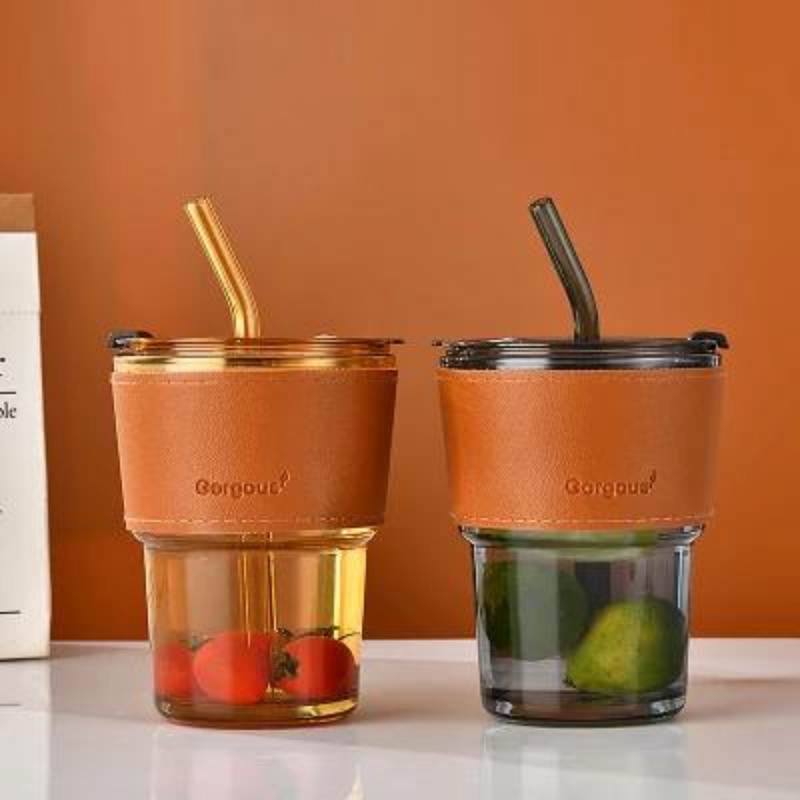 Glass Tumbler with Lid & Glass Straw, Leather Sleeve Coffee Tea Milk Mug