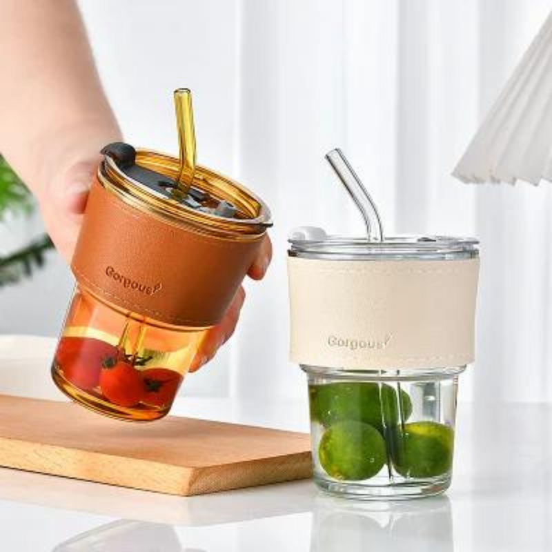 Glass Tumbler with Lid & Glass Straw, Leather Sleeve Coffee Tea Milk Mug